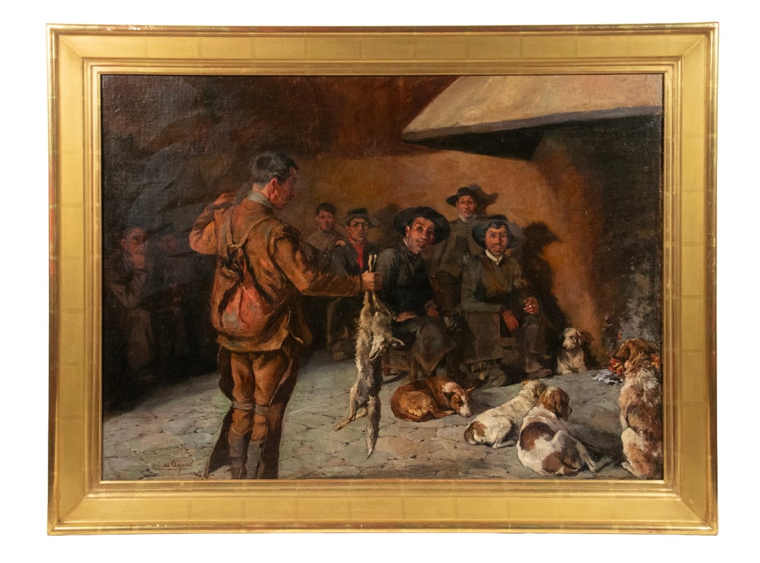 ANDRES PARLADE Y HEREDIA, CONDE DE AGUIAR (SPAIN, 1859 - 1933: ANDRES PARLADE Y HEREDIA, CONDE DE AGUIAR (SPAIN, 1859 - 1933 "After the Hunt", depicting a trapper looking to trade a coyote for dinner in a tavern, oil on canvas, signed lower left, in replica