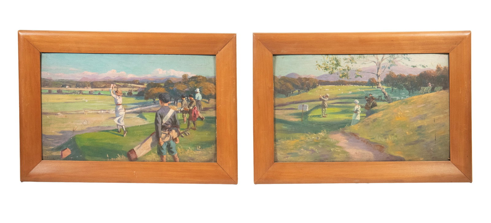 PEDRO RIBERA (SPAIN, 1867-1932): PEDRO RIBERA (SPAIN, 1867-1932) Pair of Views: Golfing on the Links, circa 1925, oil on hard board, signed lower right and left. In matching maple ogee frames. OS: 10 1/2 x 15 1/2 in. (26.7 x 39.4