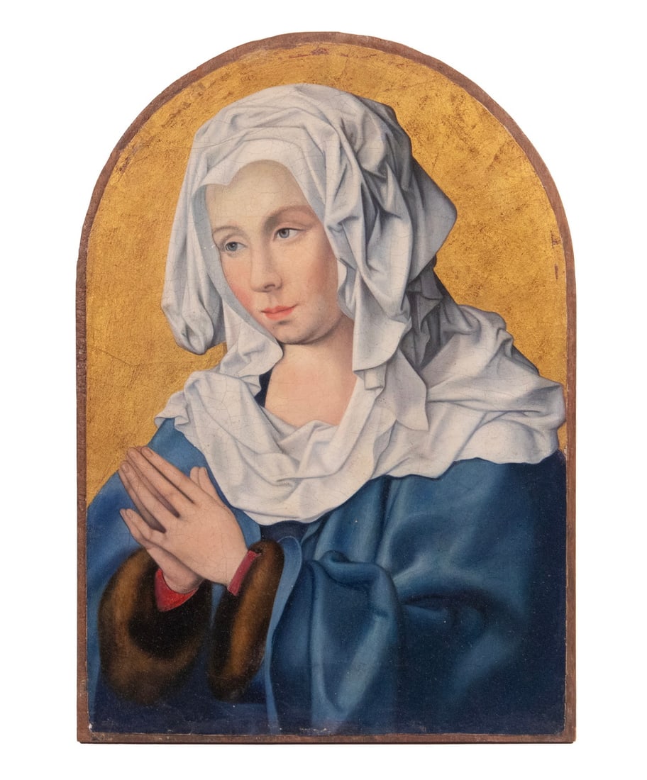 AFTER JOOS VAN CLEVE (ANTWERP, BELGIUM, C. 1485-1540/41): AFTER JOOS VAN CLEVE (ANTWERP, BELGIUM, C. 1485-1540/41) "Mater Delarosa," 19th c. copy of the original painted 1820-30, depicting the Madonna praying in blue robe and white mantel, her clasped hands