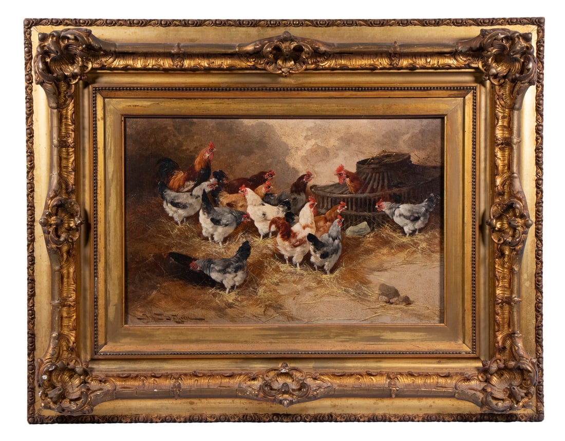 JULES BATHIEU (BELGIUM, 1880-1920): JULES BATHIEU (BELGIUM, 1880-1920) "Poultry Yard," oil on canvas, signed lower left, titled verso. In vintage gilt gesso matched corner frame. OS: 19 1/2 x 25 in. (49.5 x 63.5 cm.), SS: 10 x 15 1/2