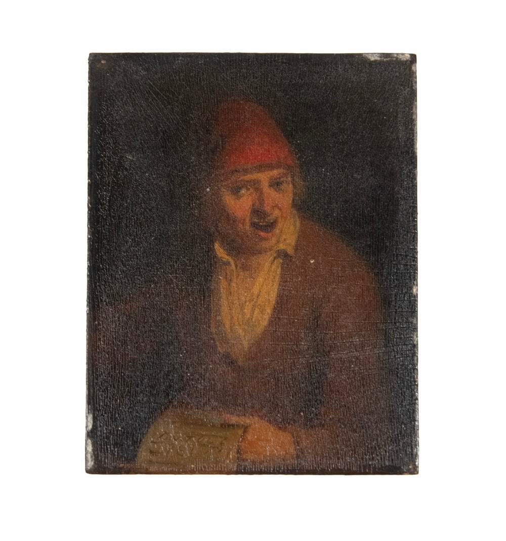 DOMENICUS VAN TOL (GERMANY, 1635-1676): DOMENICUS VAN TOL (GERMANY, 1635-1676) Small Portrait of a Town Crier with Document, oil on mitered walnut panel, signed and dated 1664 on paper. Unframed. Fine crazing, edge flakes. Van Tol was a