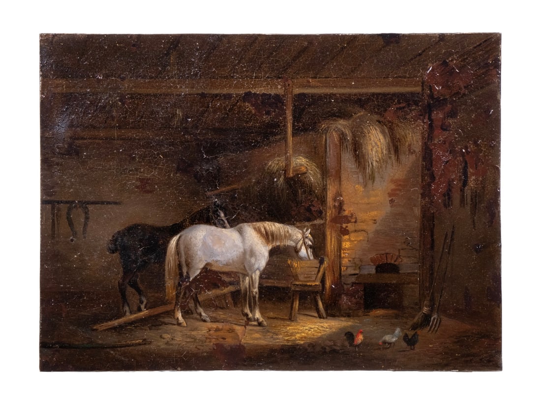 MID-19TH C. EQUESTRIAN PAINTING, UNSIGNED: MID-19TH C. EQUESTRIAN PAINTING, UNSIGNED Dray Horse Feeding in Stables, oil on tin. Size: 5 1/2 x 7 1/4 in. (14 x 18.4 cm.)