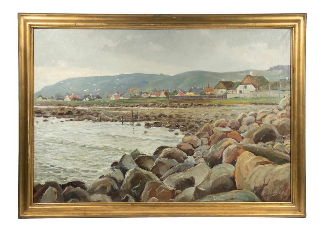EINAR SANDBERG (NORWAY, 1876-1947): EINAR SANDBERG (NORWAY, 1876-1947) Curving Rocky Shore with Houses, oil on canvas, signed lower right. In gold molded reverse ogee frame. OS: 30 x 42 in. (76.2 x 106.7 cm.), SS: 26 x 38 in. (66 x