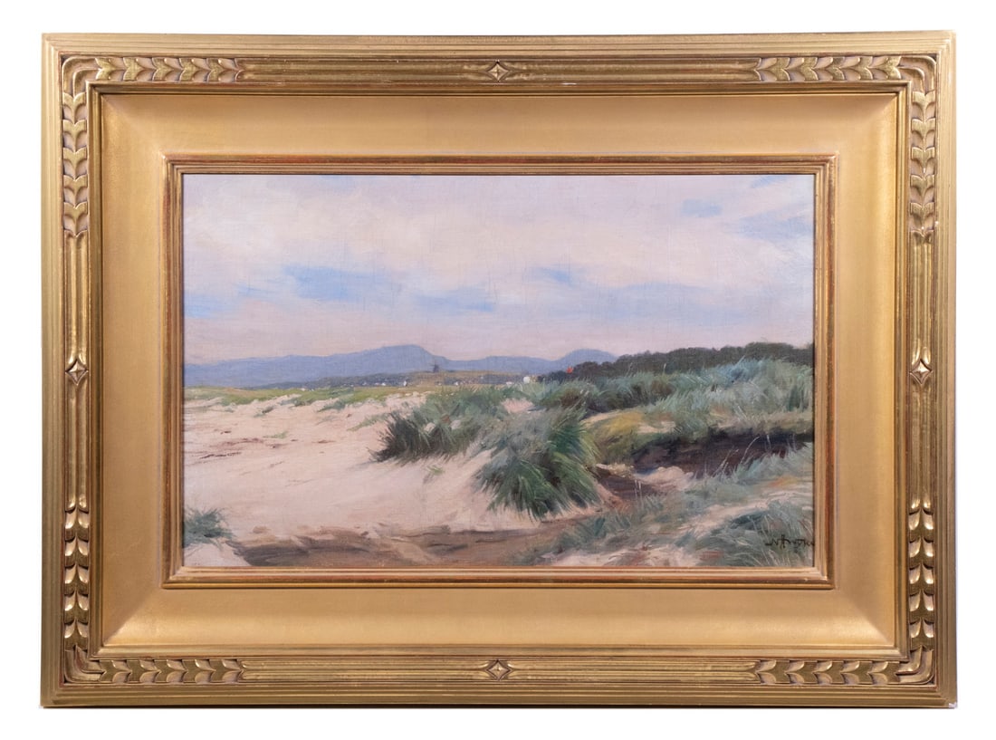 NIELS A. WYKE (DENMARK, 1867-1937): NIELS A. WYKE (DENMARK, 1867-1937) Coastal Grassy Dunes, oil on canvas, signed lower right, in replica gilt Arts & Crafts frame. Cleaned and relined. OS: 22 x 30 in. (55.9 x 76.2 cm.), SS: 13 x 21