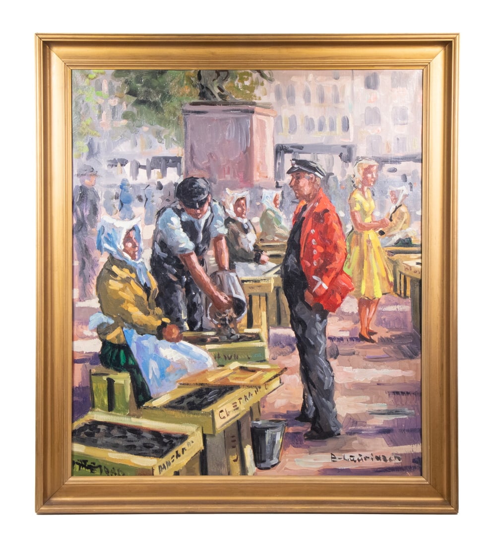 BENDT LAURIDSEN (DENMARK, 1926-2017): BENDT LAURIDSEN (DENMARK, 1926-2017) "Fish Vendor", oil on linen, signed lower right. In deep cove dull gold frame. OS: 34 1/2 x 30 1/2 in. (87.6 x 77.5 cm.), SS: 29 x 25 in. (73.7 x 63.5 cm.)