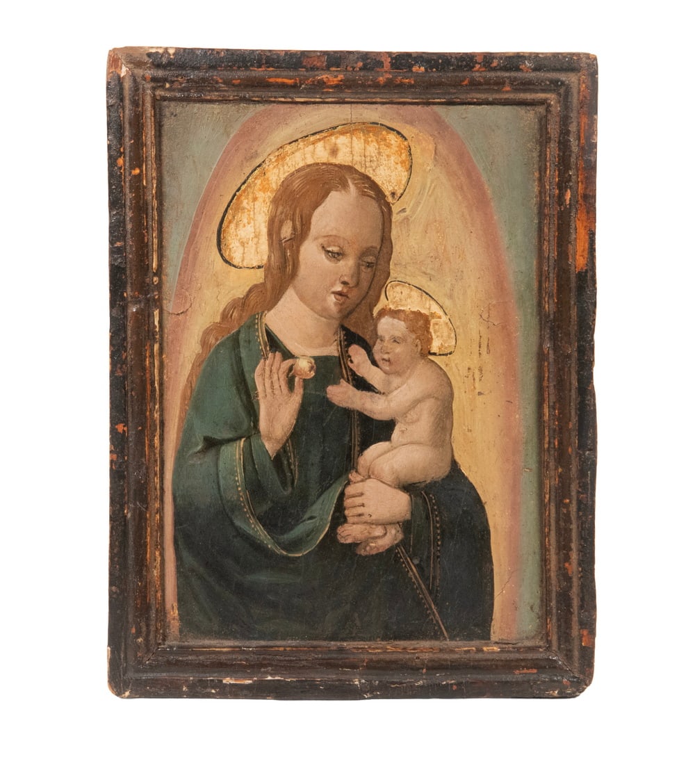 18TH C. NAIVE GREEK ORTHODOX ICON OF MADONNA AND CHILD: 18TH C. NAIVE GREEK ORTHODOX ICON OF MADONNA AND CHILD The half-length figure of the Virgin in dark blue robe, holding the naked Christ Child on her left arm. gazing toward him with a pensive gaze as