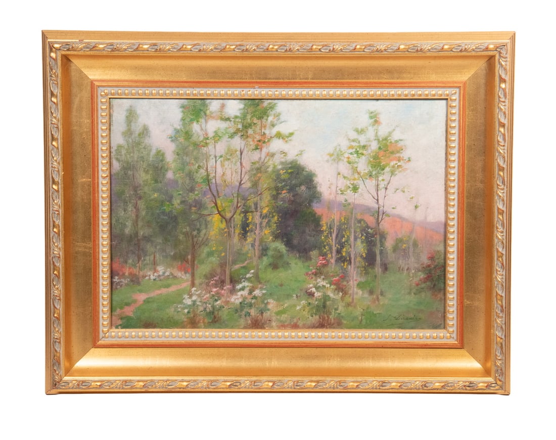 SERKIS DERANIAN (ARMENIA, 1854-1938): SERKIS DERANIAN (ARMENIA, 1854-1938) Impressionist Spring Landscape, oil on mahogany panel, signed lower right, with lengthy inscription verso, signed twice by the artist in Paris. In modern gold