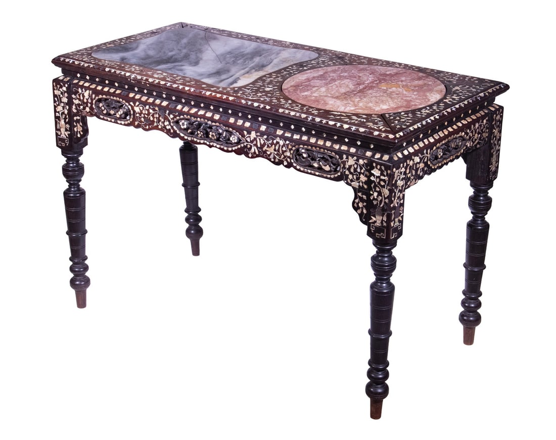 CHINESE ROSEWOOD TABLE WITH MOTHER-OF-PEARL INLAY AND STONE INSET TOP (1 of 4)