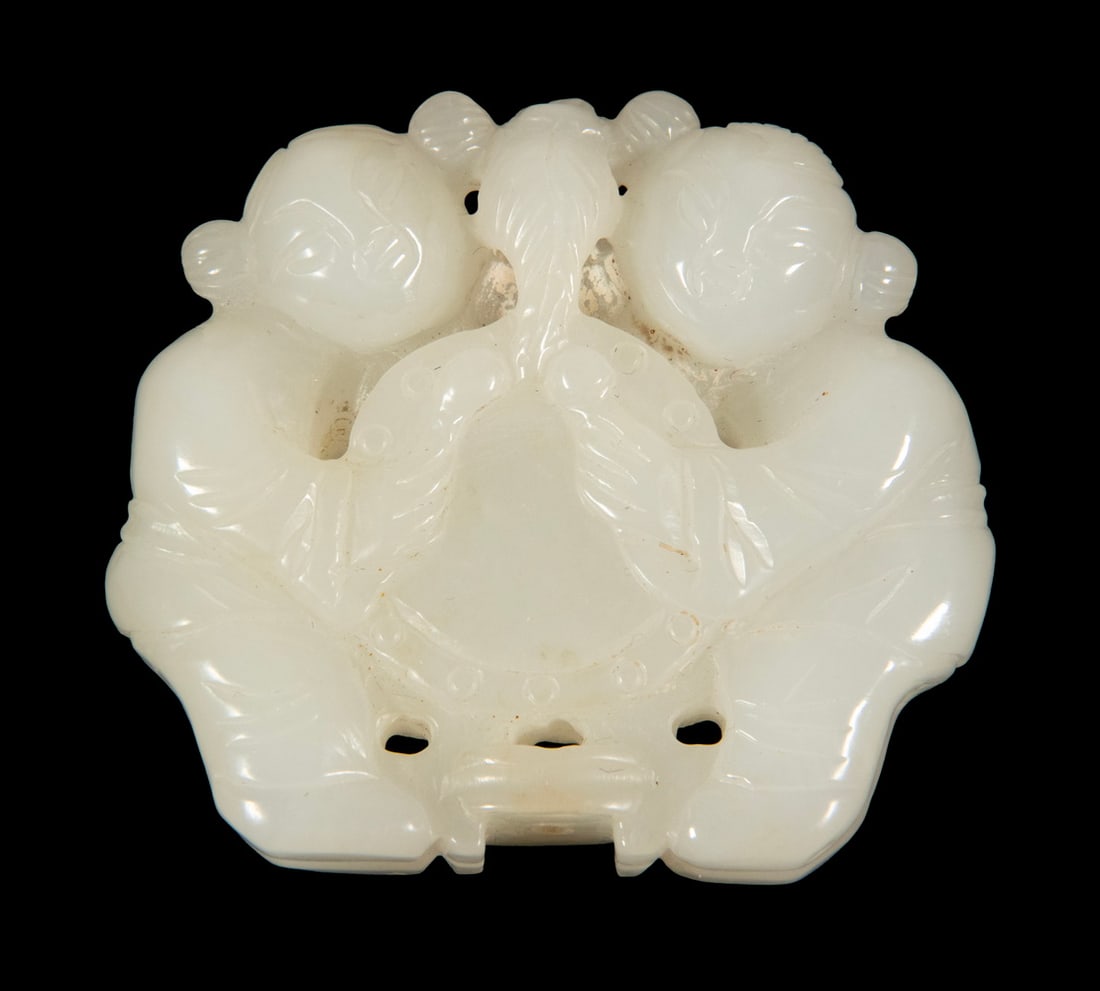 CHINESE CARVED WHITE JADE PLAQUE WITH BOYS AND DRUM, LATE QING (1 of 2)