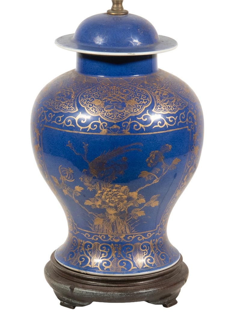 CHINESE POWDER BLUE GROUND GILT-DECORATED PORCELAIN VASE LAMP (1 of 3)