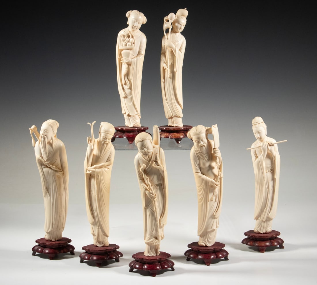 (7) 19TH C. CHINESE CARVED IVORY FIGURES OF IMMORTALS (1 of 7)