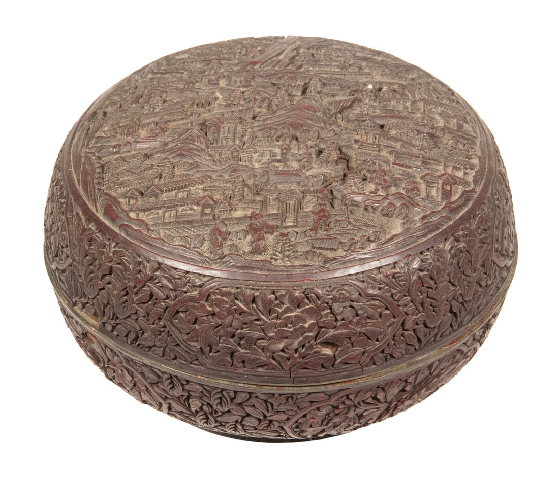 19TH C. CHINESE CINNABAR CARVED LACQUER COVERED BOX: 19TH C. CHINESE CINNABAR CARVED LACQUER COVERED BOX A carved lacquer covered box, the domed lid depicting a densely populated landscape scene with figures, pavilions, and mountainous terrain in relief