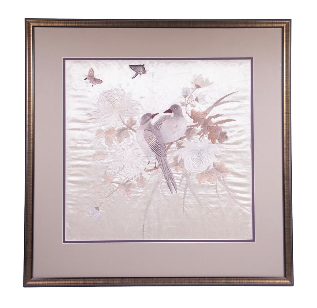CHINESE SILK EMBROIDERY PANEL WITH BIRDS AND FLOWERS (1 of 2)