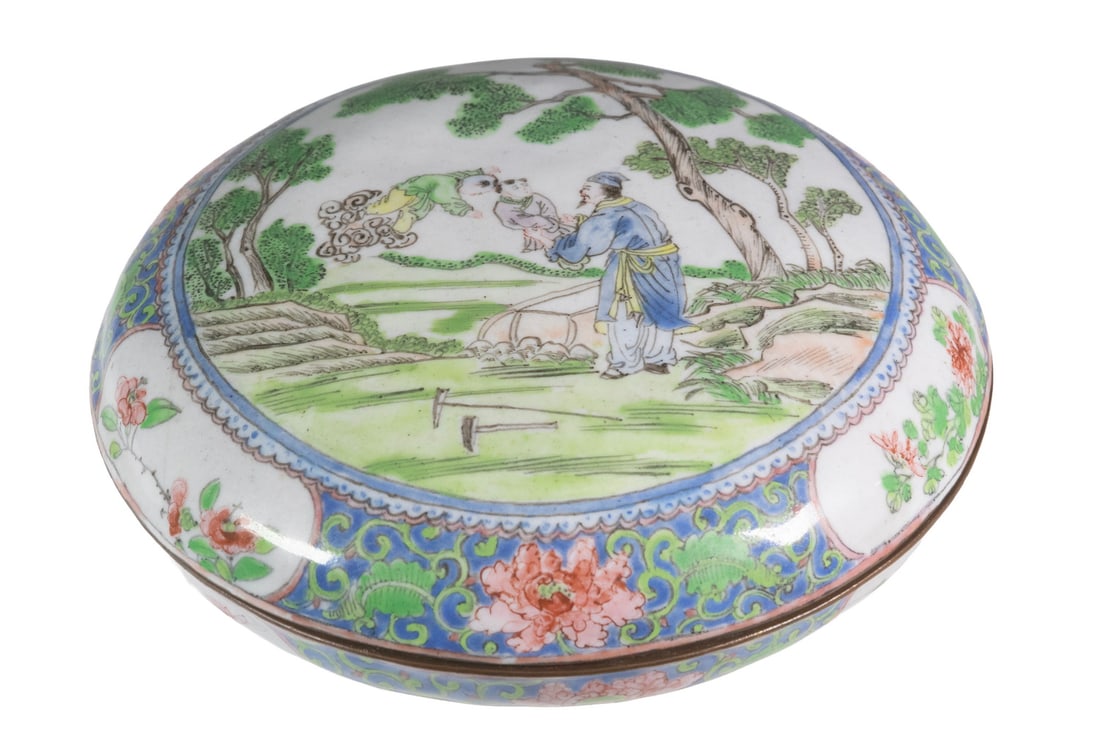 CHINESE PAINTED ENAMEL BOX WITH FIGURAL SCENE AND QIANLONG MARK (1 of 3)