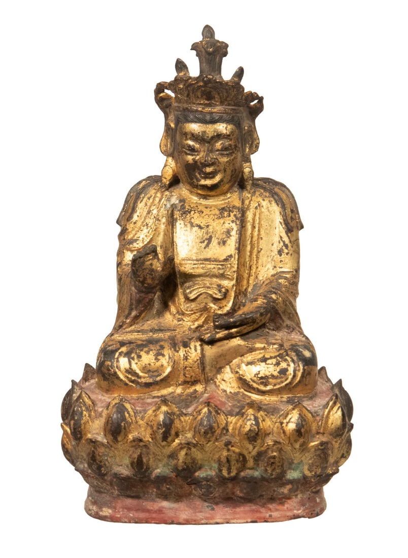 CHINESE QING GILT BRONZE BUDDHA: CHINESE QING GILT BRONZE BUDDHA Qing Dynasty Himalayan Tibetan Gilt Bronze Buddha, enthroned on lotus base, with crown, hands in mudra position, sand cast bronze with remnants of gilding and