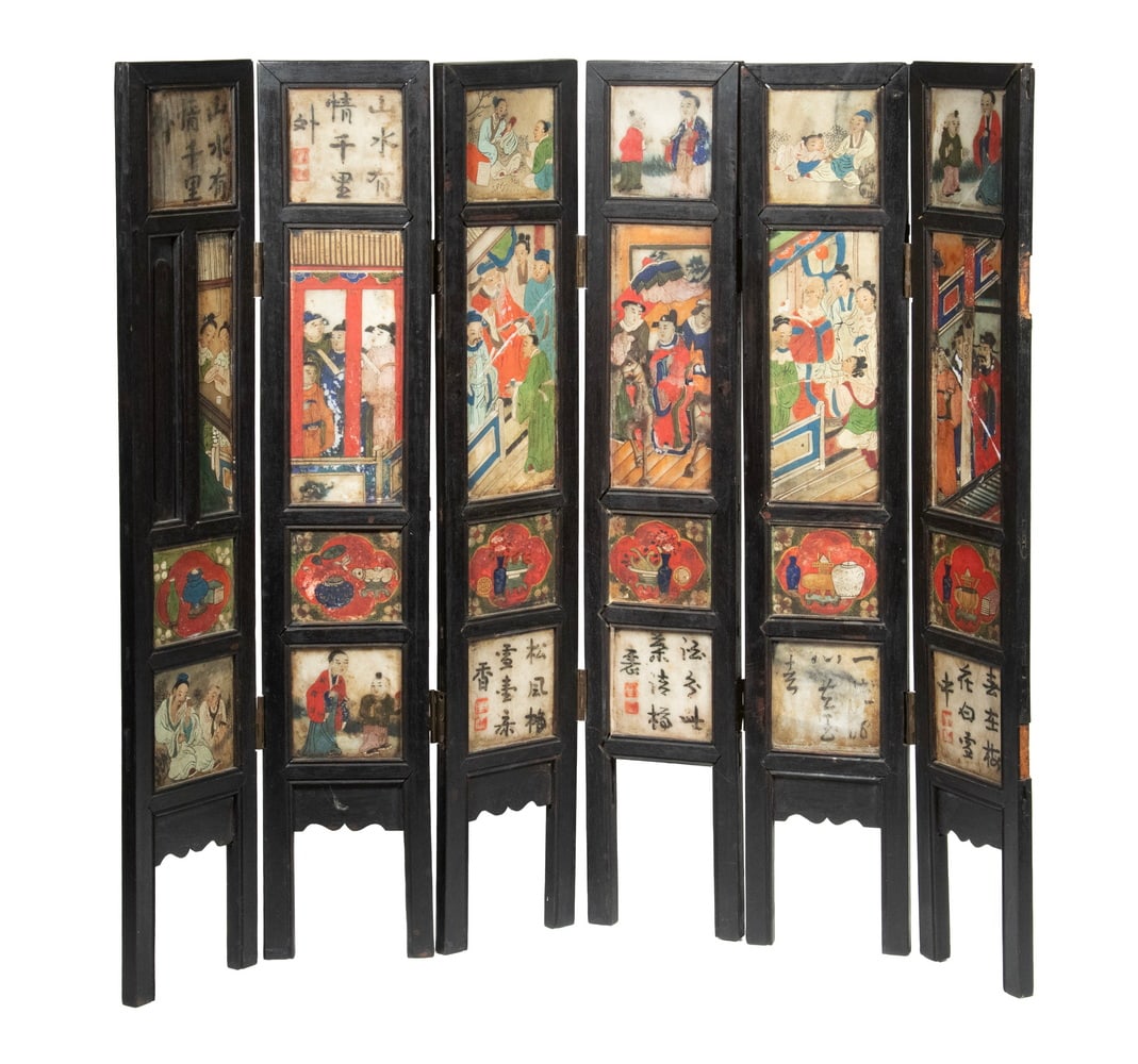 CHINESE SIX-PANEL ROSEWOOD SCREEN WITH PAINTED ALABASTER INSETS (1 of 5)