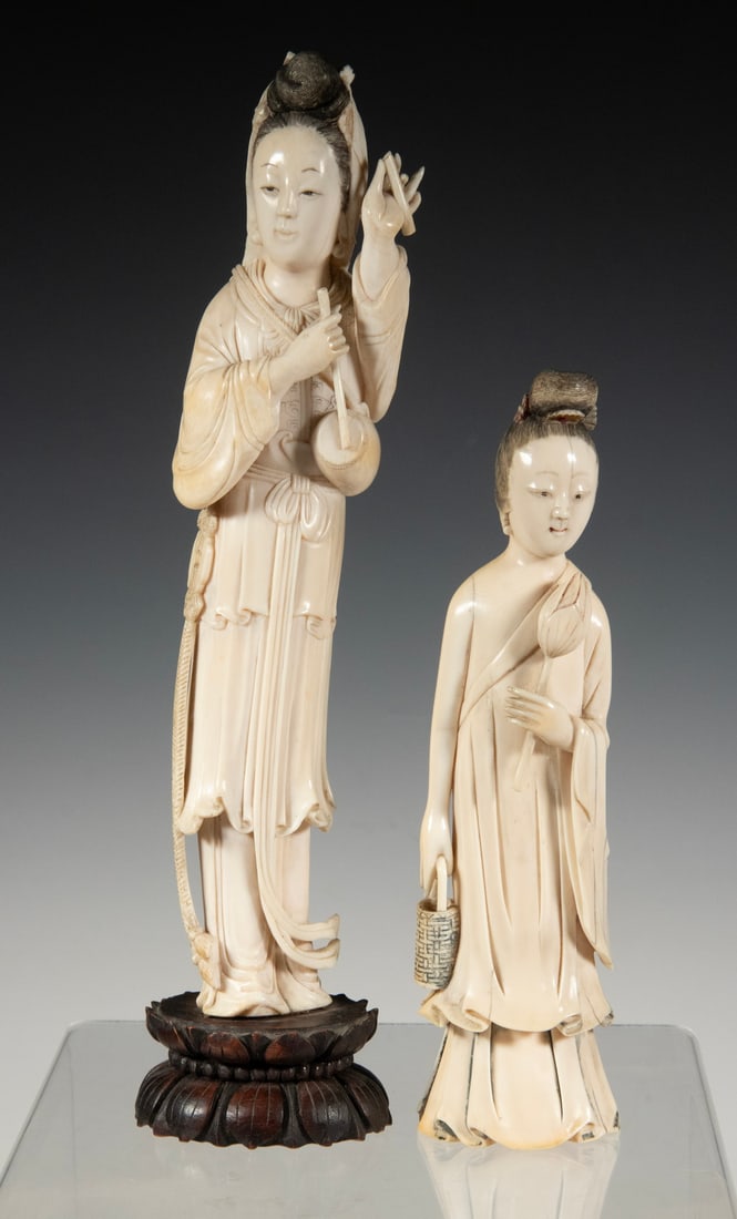 (2) 19TH C. CHINESE CARVED IVORY FIGURES OF FEMALE IMMORTALS (1 of 5)