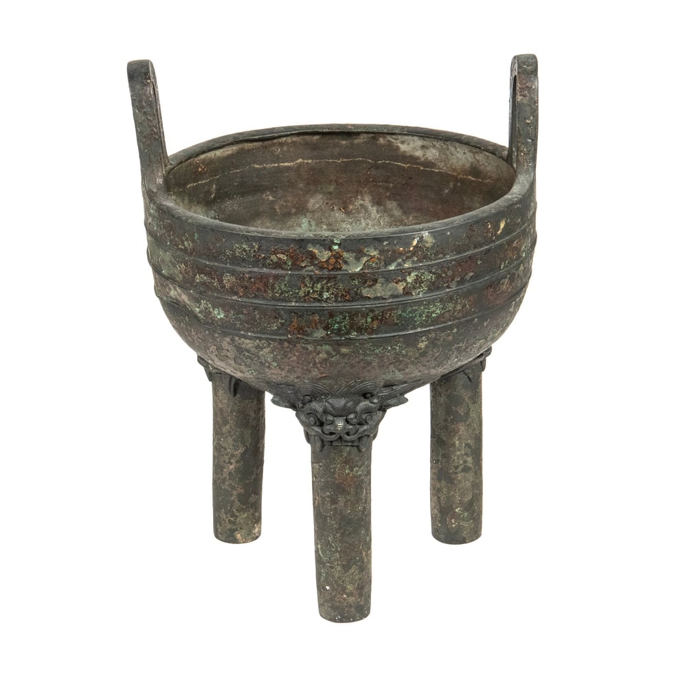 CHINESE DING-STYLE BRONZE TRIPOD CENSER WITH INSCRIPTION (1 of 3)