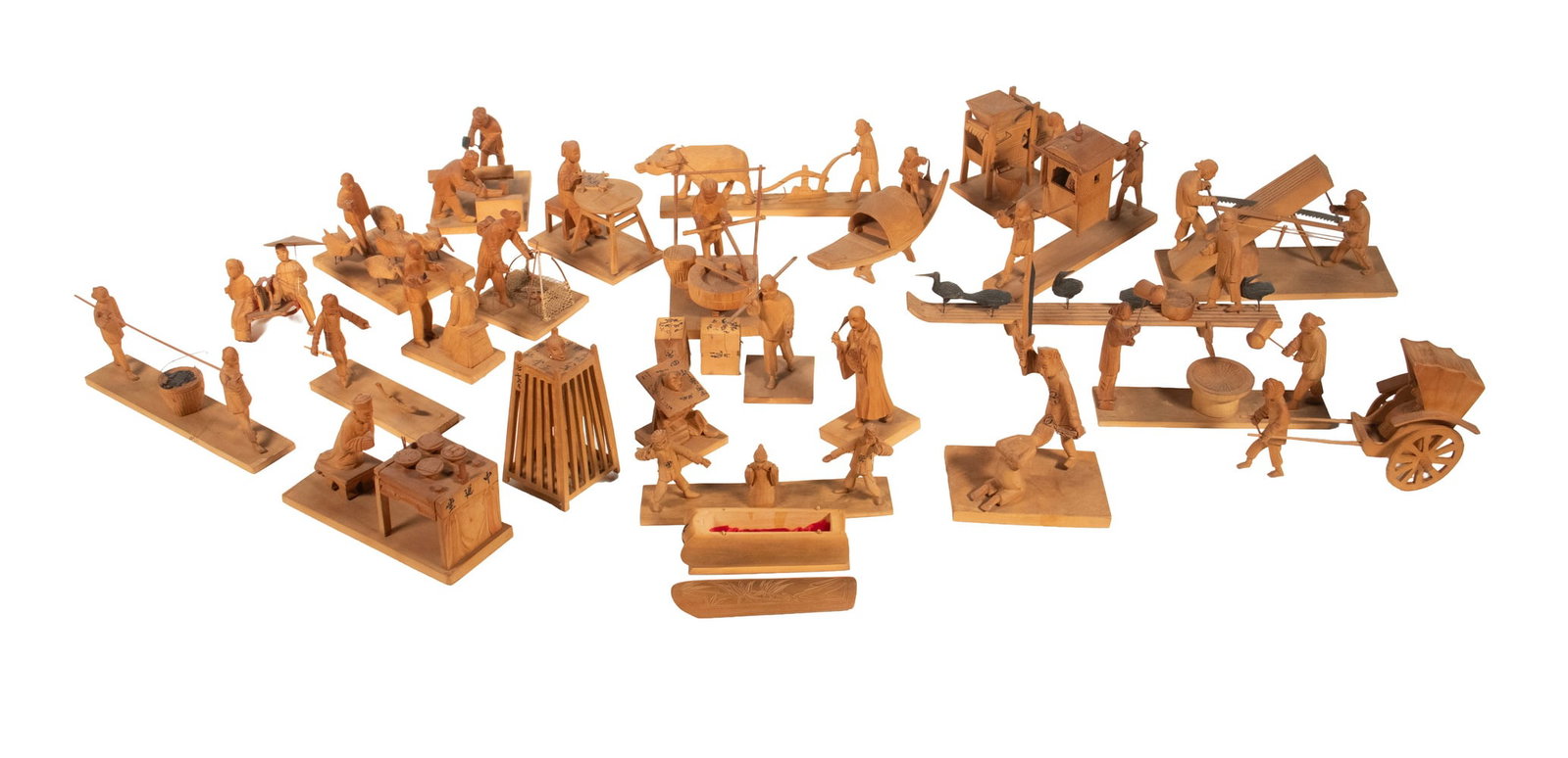 (25) CHINESE CARVED WOOD FIGURAL TABLEAUX OF DAILY LIFE: (25) CHINESE CARVED WOOD FIGURAL TABLEAUX OF DAILY LIFE A large group of (25) finely carved wood figural scenes depicting traditional Chinese daily life, including woodworking, transport, fishing,