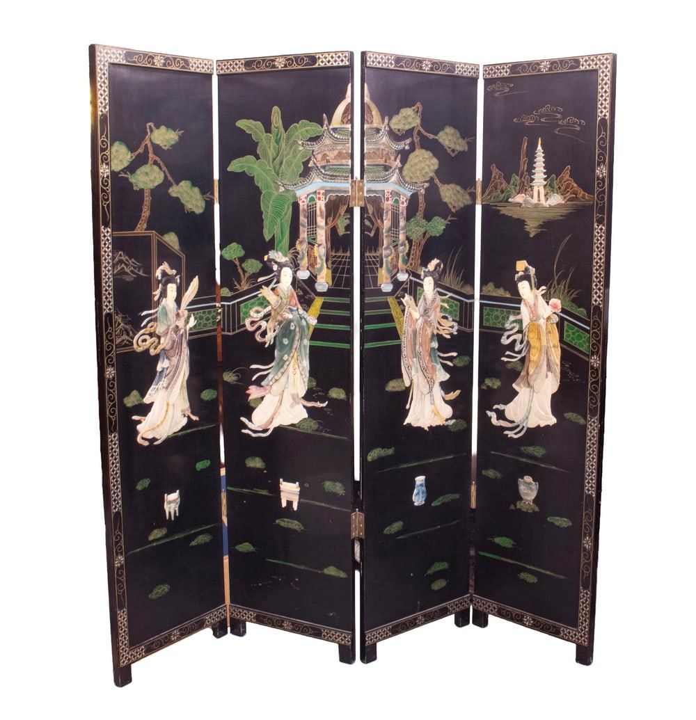 MODERN FOUR-FOLD CHINESE LACQUER & STONE FOLDING SCREEN (1 of 3)