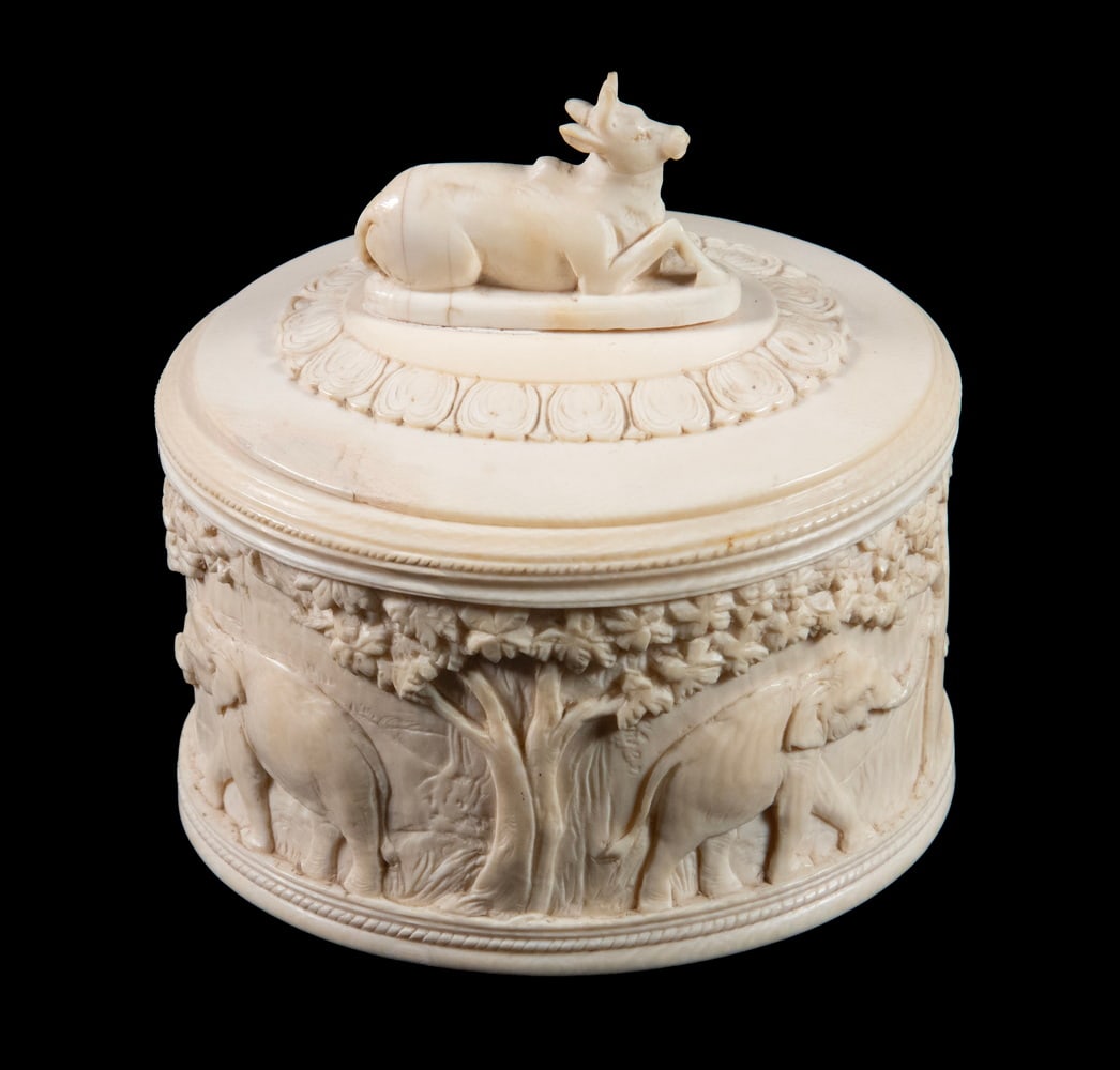 19TH C. INDIAN CARVED IVORY BOX WITH ELEPHANT AND BULL FINIAL (1 of 5)