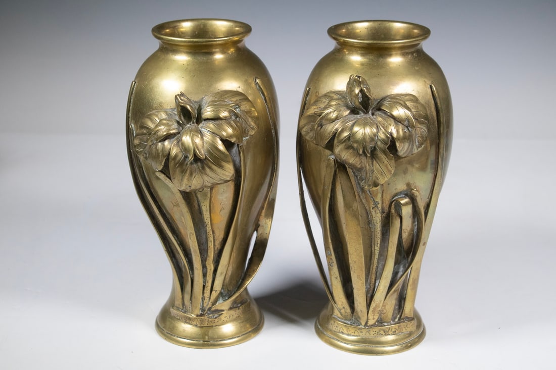 PR JAPANESE BRONZE RELIEF IRIS VASES, SIGNED, MEIJI PERIOD (1 of 3)