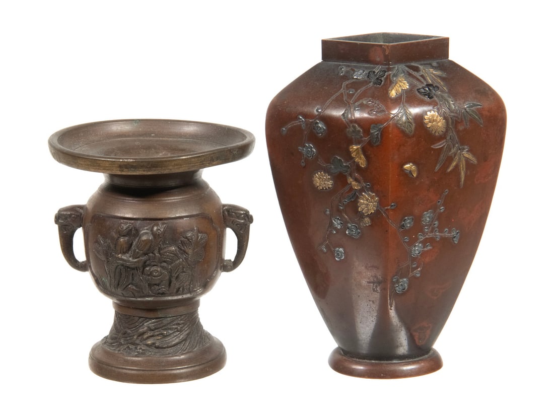 (2) JAPANESE BRONZE VASES, ONE BY NOGAWA COMPANY, MEIJI PERIOD: (2) JAPANESE BRONZE VASES, ONE BY NOGAWA COMPANY, MEIJI PERIOD Two Japanese bronze vases. One of faceted form with mixed metal inlay of birds and flowers, base with a mark consistent with the Nogawa C