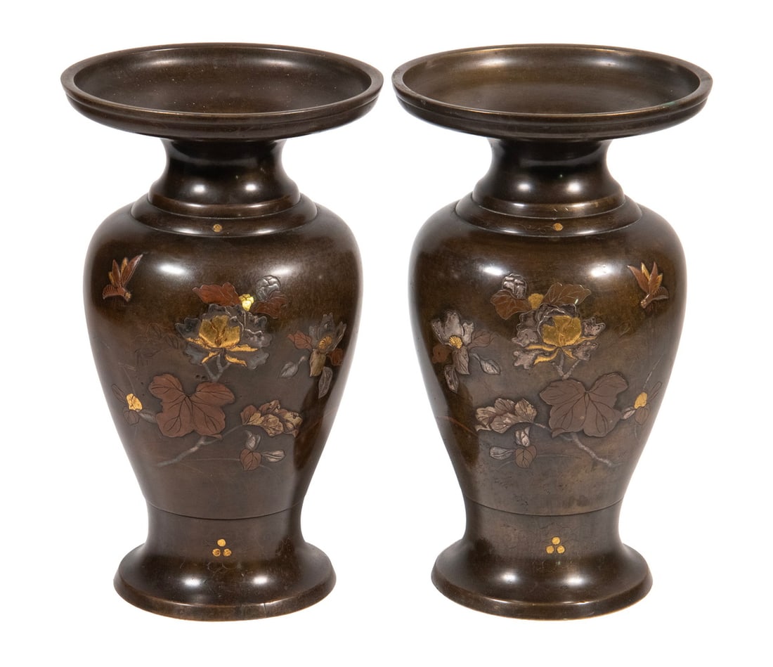 PR JAPANESE MIXED-METAL BRONZE VASES WITH FLOWERS, MEIJI PERIOD (1 of 3)