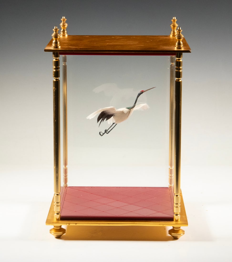 JAPANESE GLASS DISPLAY CASE WITH ILLUSION-MOUNTED CRANE (1 of 2)