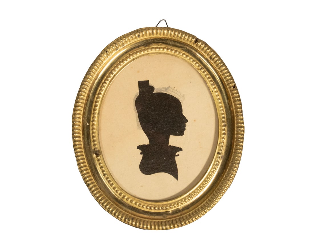 19TH C.SILHOUETTE PORTRAIT OF A GIRL, UNSIGNED: 19TH C.SILHOUETTE PORTRAIT OF A GIRL, UNSIGNED Oval Hollow Cut Portrait of a Young Lady, perhaps a celebratory image, having her hair up in the French style with pencil edging, and lace stand collar, 