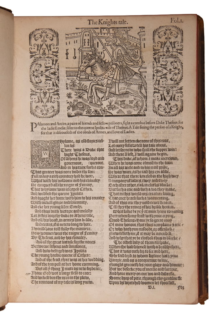 RARE 1561 WORKS OF CHAUCER 4TH COLLECTED EDITION, 2ND ISSUE: RARE 1561 WORKS OF CHAUCER 4TH COLLECTED EDITION, 2ND ISSUE Black letter edition of Chaucer's complete works, produced by important early 16th century London printer John Kingston, illustrated with wo