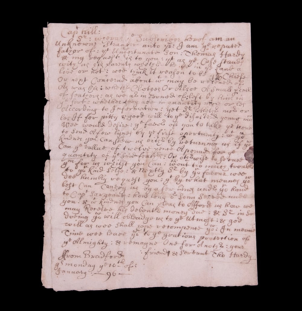 X-RARE 1696 LETTER TO CAPT JOHN HILL AT FORT SACO FROM THOMAS HARDY OF BRADFORD (1 of 4)