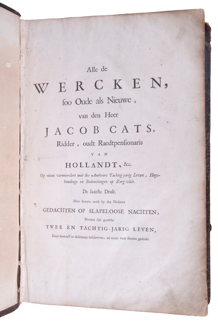 RARE 17TH C. DUTCH "EMBLEM" POETRY FOLIO, JACOB CATS (1577-1660) ORIGINAL LEATHER BINDING, 1700 (1 of 7)