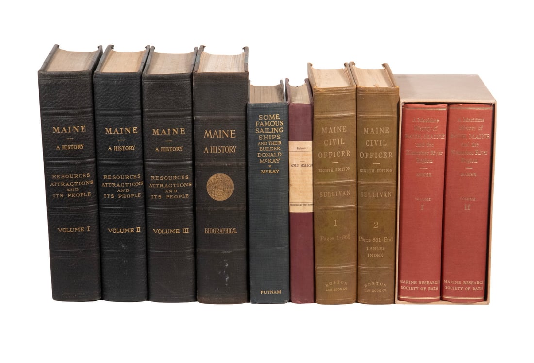 (10 VOLS) BOOKS ON MAINE HISTORY: (10 VOLS) BOOKS ON MAINE HISTORY (Vol. 1-4) "Maine: Resources, Attractions, and Its People, A History", Editor Harrie B. Coe, Lewis Historical Publishing Co, New York, 1928, half leather, 2,319 cont. 