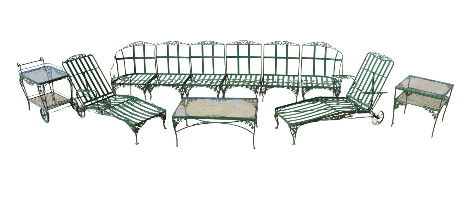 (6-PART) 1930'S WELDED PATIO CAST IRON BANQUETTE W/ (PAIR) CHAISE LONGUE, BAR CART, COFFEE TABLE &: (6-PART) 1930'S WELDED PATIO CAST IRON BANQUETTE W/ (PAIR) CHAISE LONGUE, BAR CART, COFFEE TABLE & SIDE TABLE Green Painted, in six curving parts, strap seats and backs, welded rod with applied cast