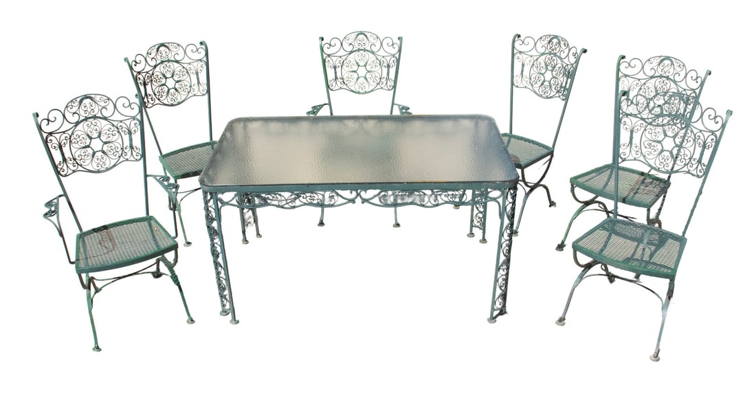 1930'S WELDED CAST IRON GLASS TOP PATIO TABLE W/ (6) CHAIRS (1 of 2)
