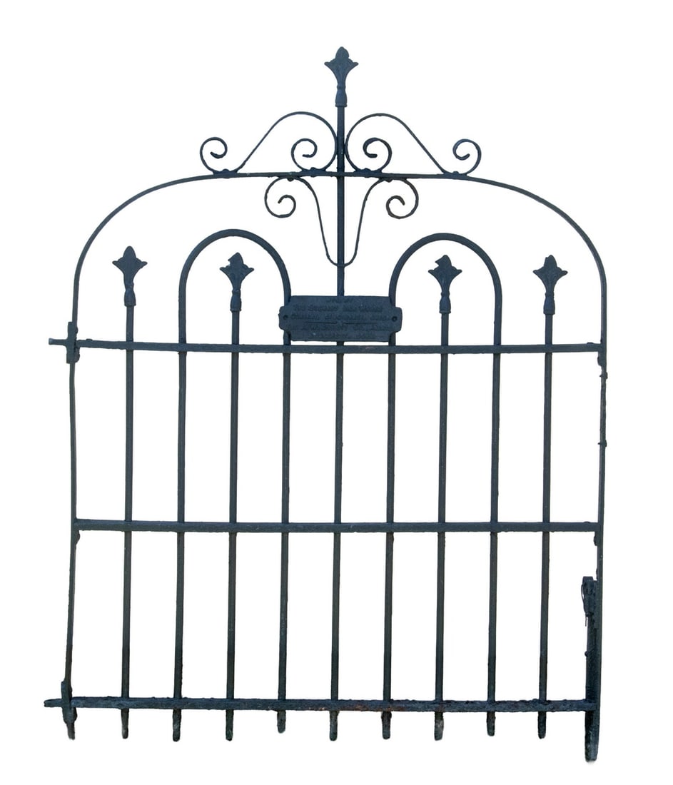 19TH C. WROUGHT IRON GARDEN GATE: 19TH C. WROUGHT IRON GARDEN GATE Scroll and Blossom Cast Iron Gate in black paint, maker's label from The Stewart Iron Works in Cincinnati, Ohio, distributed by the AW Burritt Co of Bridgeport, Conn.