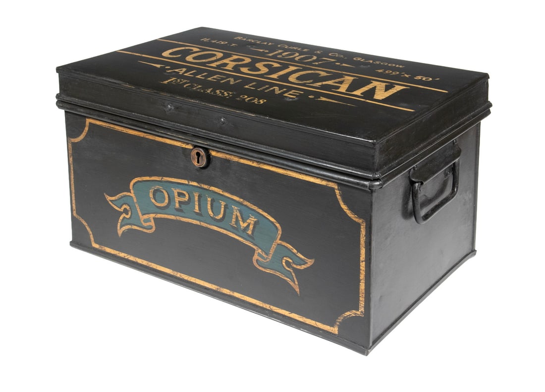 REPLICA TIN MARITIME SAFE FOR OPIUM FROM SS "CORSICAN": REPLICA TIN MARITIME SAFE FOR OPIUM FROM SS "CORSICAN" British Heavy Tin Box with hinged lid, the face with 'Opium' banner in gold and green, the top lettered in fatigued gold on black "Barclay Curle