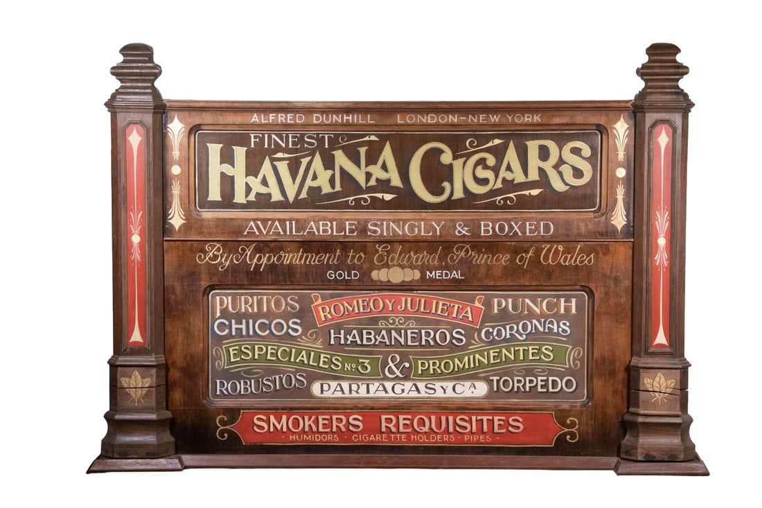 LARGE "DUNHILL" TOBACCO TRADE SIGN: LARGE "DUNHILL" TOBACCO TRADE SIGN "Alfred Dunhill, London-New York, Finest Havana Cigars, Available Singly & Boxed, By Appointment to Edward, Prince of Wales, Gold Medal, Romeo y Julieta, Puritos
