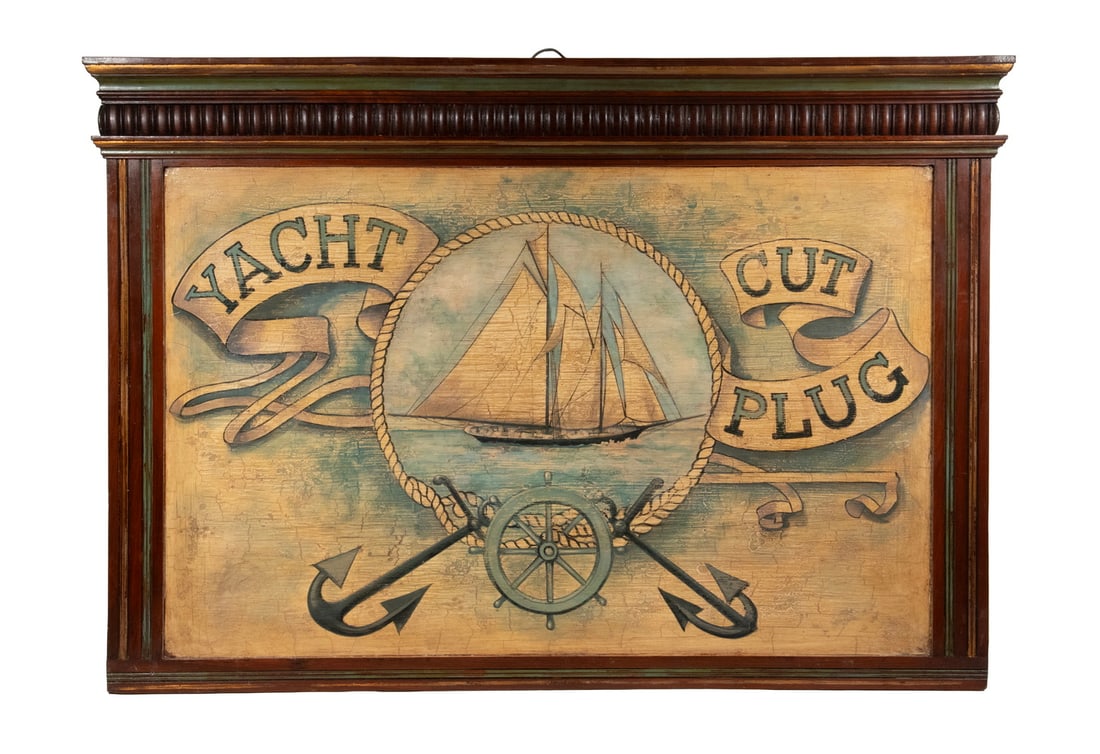 AMERICAN "YACHT CUT PLUG" TOBACCO TRADE SIGN: AMERICAN "YACHT CUT PLUG" TOBACCO TRADE SIGN Featuring a Racing Sail Yacht Underway with rope coil, anchors and helm wheel, in molded mahogany frame with ribbed frieze, green and gold detailing,