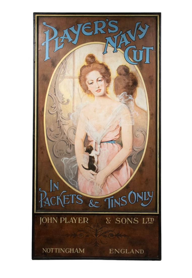 "PLAYERS" TOBACCO TRADE SIGN W/ WOMAN & KITTY: "PLAYERS" TOBACCO TRADE SIGN W/ WOMAN & KITTY Players Navy Cut, featuring a portrait of a young woman with kitten climbing her chest, signed "after Coray" (Courbet?), mirror behind her, "In Packets a