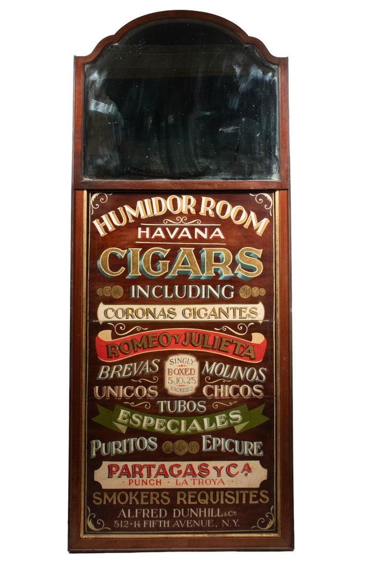 AMERICAN "DUNHILL" TOBACCO TRADE SIGN: AMERICAN "DUNHILL" TOBACCO TRADE SIGN Tombstone Beveled Mirror Top Interior Sign, oil on mahogany panel, "Humidor Room, Havana Cigars, including Coronas Gigantes, Romeo y Julieta, Tubos Especiales,
