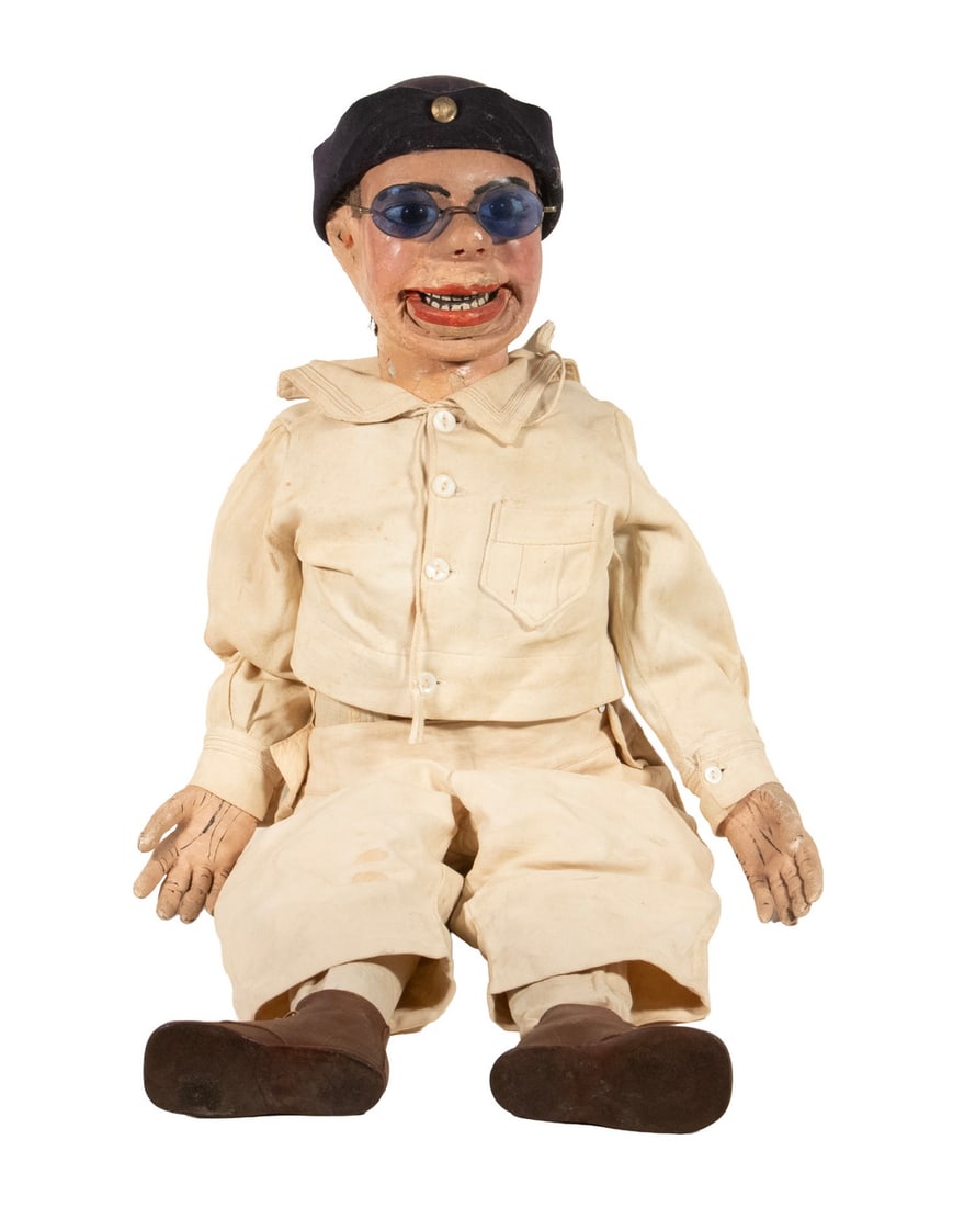 WWI ERA VAUDEVILLE VENTRILOQUIST DUMMY OF SAILOR MARKED "NYC BEN HOBSON, 1915": WWI ERA VAUDEVILLE VENTRILOQUIST DUMMY OF SAILOR MARKED "NYC BEN HOBSON, 1915" Jointed Figure of a Young Sailor Boy in summer white cotton uniform, with painted head and hands, real hair (writing