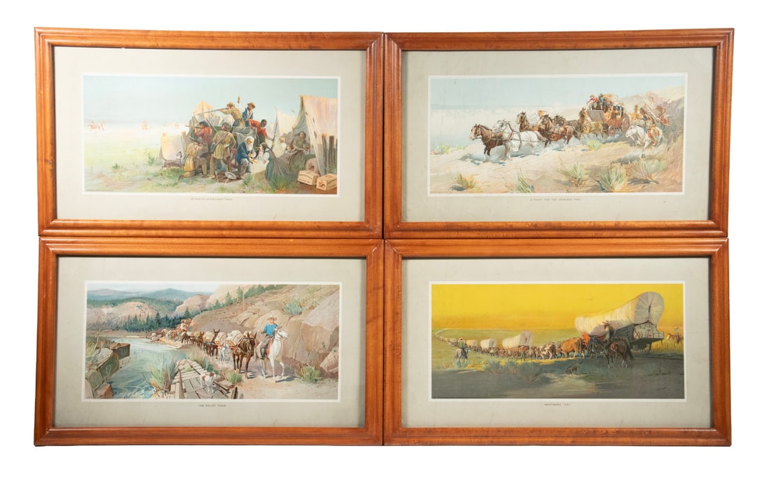 (SET OF 4) AMERICAN WEST THEMED BEER ADVERTISING PRINTS: (SET OF 4) AMERICAN WEST THEMED BEER ADVERTISING PRINTS Chromolithographs featuring crates of Anheuser-Busch Beer in each image, titles include "Westward Ho!"; "Attack on an Immigrant Train"; "A