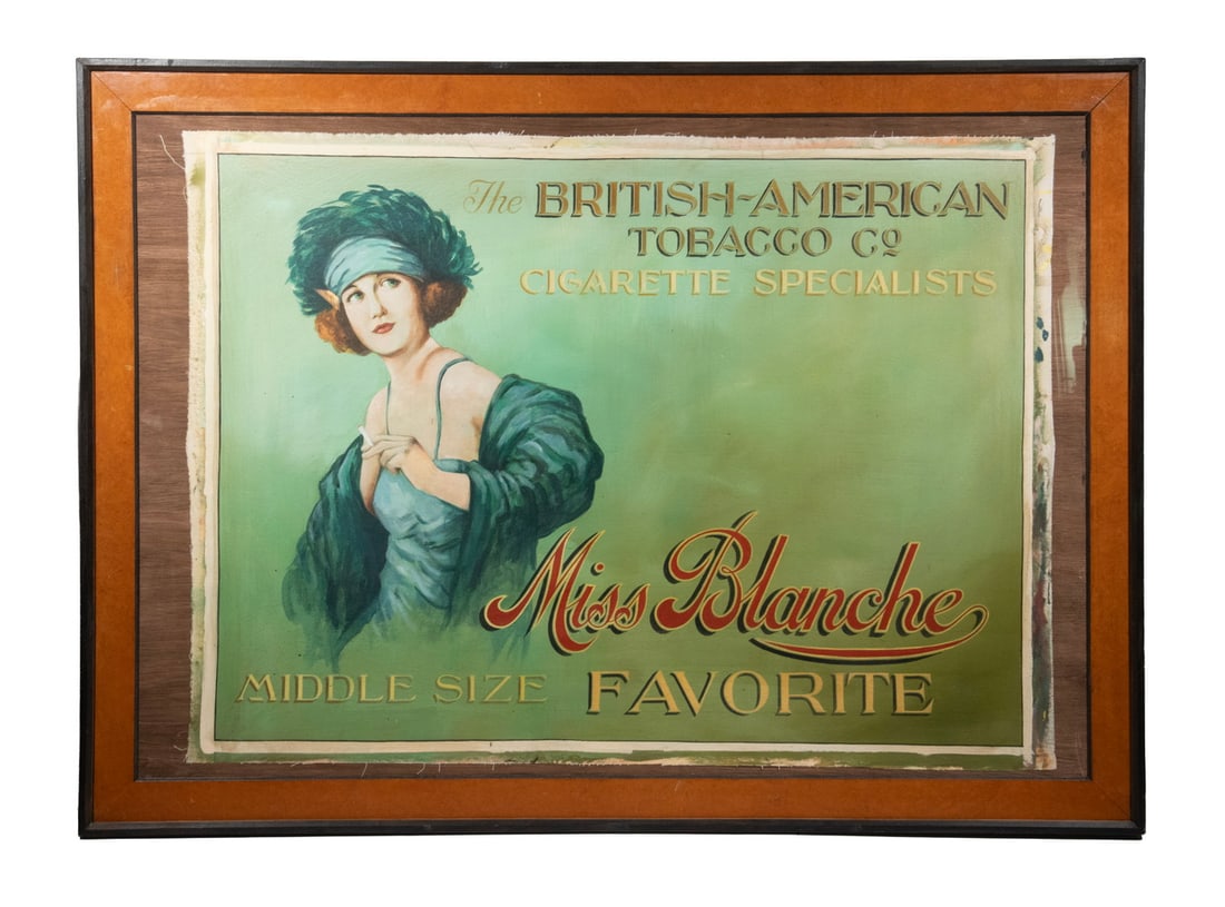 BRITISH TOBACCO TRADE SIGN FEATURING 1890'S ACTRESS: BRITISH TOBACCO TRADE SIGN FEATURING 1890'S ACTRESS Interior sign: The British-American Tobacco Co., Cigarette Specialists, Miss Blanche, Middle Size Favorite; oil on canvas removed from stretcher