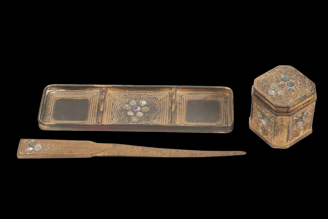 (3 PC) TIFFANY DESK SET, GRAPEVINE PATTERN W/ ABALONE SHELL (1 of 2)