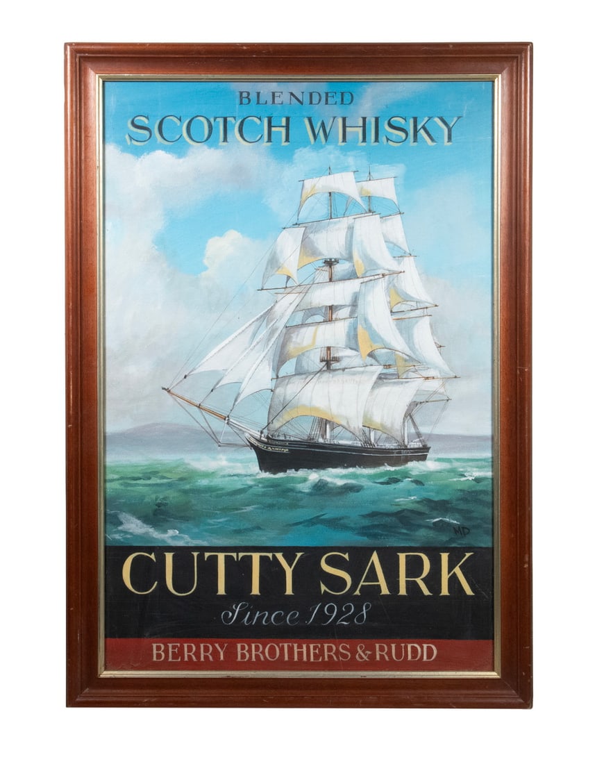 PAINTED COPY OF CUTTY SARK WHISKY AD, FRAMED: PAINTED COPY OF CUTTY SARK WHISKY AD, FRAMED "Blended Scotch Whisky, Cutty Sark, since 1928, Berry Brothers & Rudd", oil on canvas board, depicting the Clipper Ship under full sail in a choppy sea,