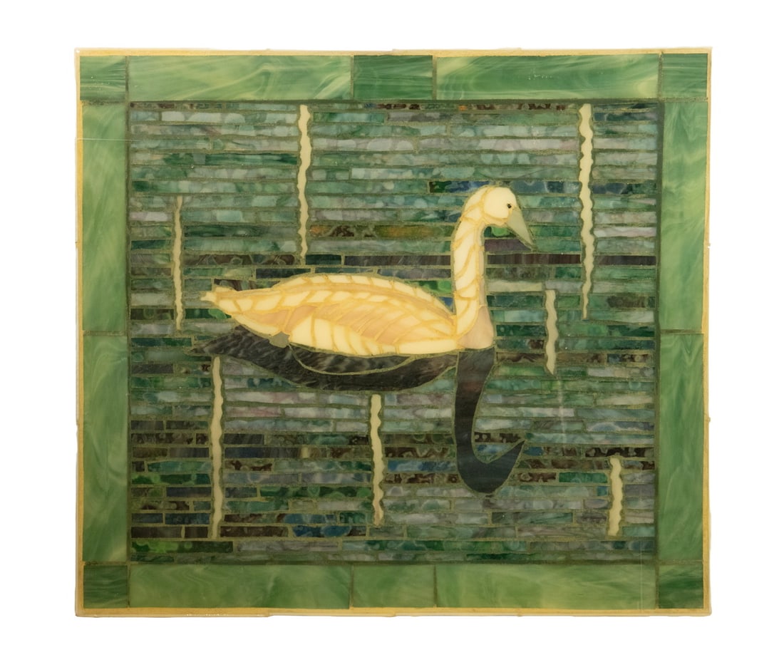 DEBORAH SELLERS (SITKA, ALASKA): DEBORAH SELLERS (SITKA, ALASKA) White Swan - Black Swan, slag glass mosaic under heavy resin, self-framed, unsigned. Label verso. OS: 18 1/8 x 1 1/2 x 20 3/8 in. (46 x 3.8 x 51.8 cm.), SS: 14 5/8 x