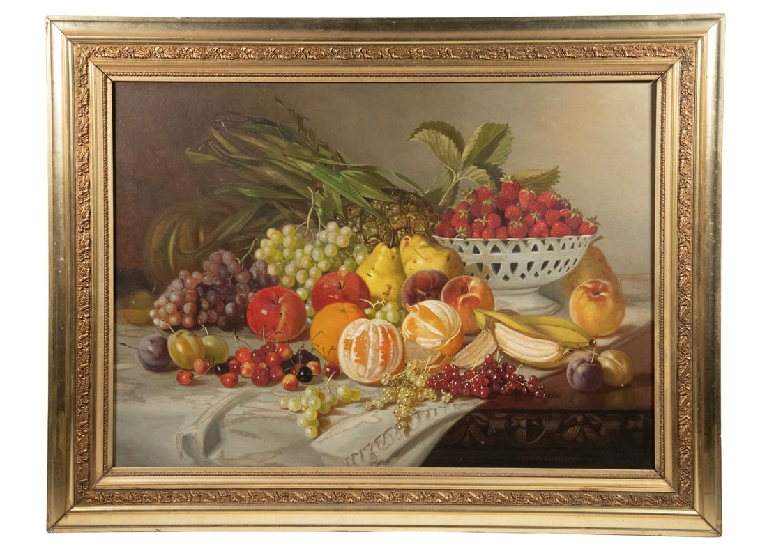 MATILDA COYLE (19TH C. PROVIDENCE, RI): MATILDA COYLE (19TH C. PROVIDENCE, RI) Large Still Life with pierced compote and fruit, including cherries, grapes, pineapple, pears, apples and peaches, along with peeled oranges and bananas. Oil on