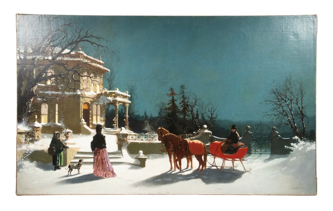 JOHN O'BRIEN INMAN (NY/ITALY, 1828-1896): JOHN O'BRIEN INMAN (NY/ITALY, 1828-1896) "New Year's Call", a Sleigh Arrives Outside a Classic Hudson Valley Italianate Mansion, under a bright full moon. Oil on canvas, unsigned. Titled lower right,
